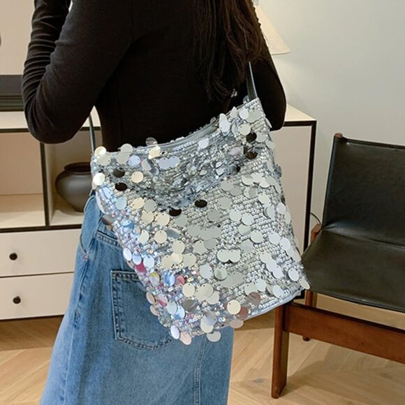 Sequin Bag Silver Black Buckle Shoulder Crossbody Party Purse for Women - Picture 4 of 5